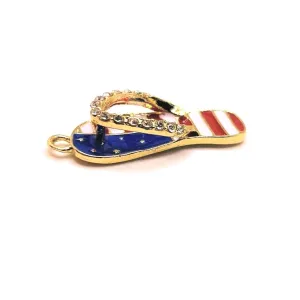 1, 4, 20 or 50 Pieces: Red White and Blue Enamel Gold Plated Flip Flop Sandal 3D Charms with Rhinestones