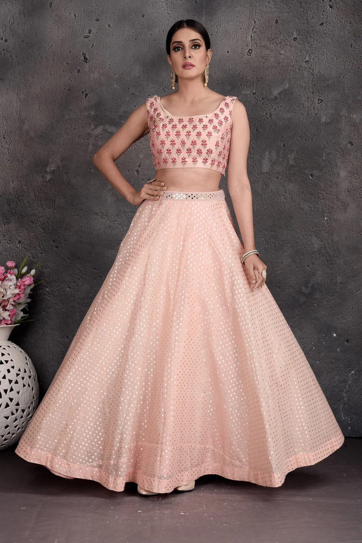 503014 Powder Pink Embroidered Skirt Set with Shrug