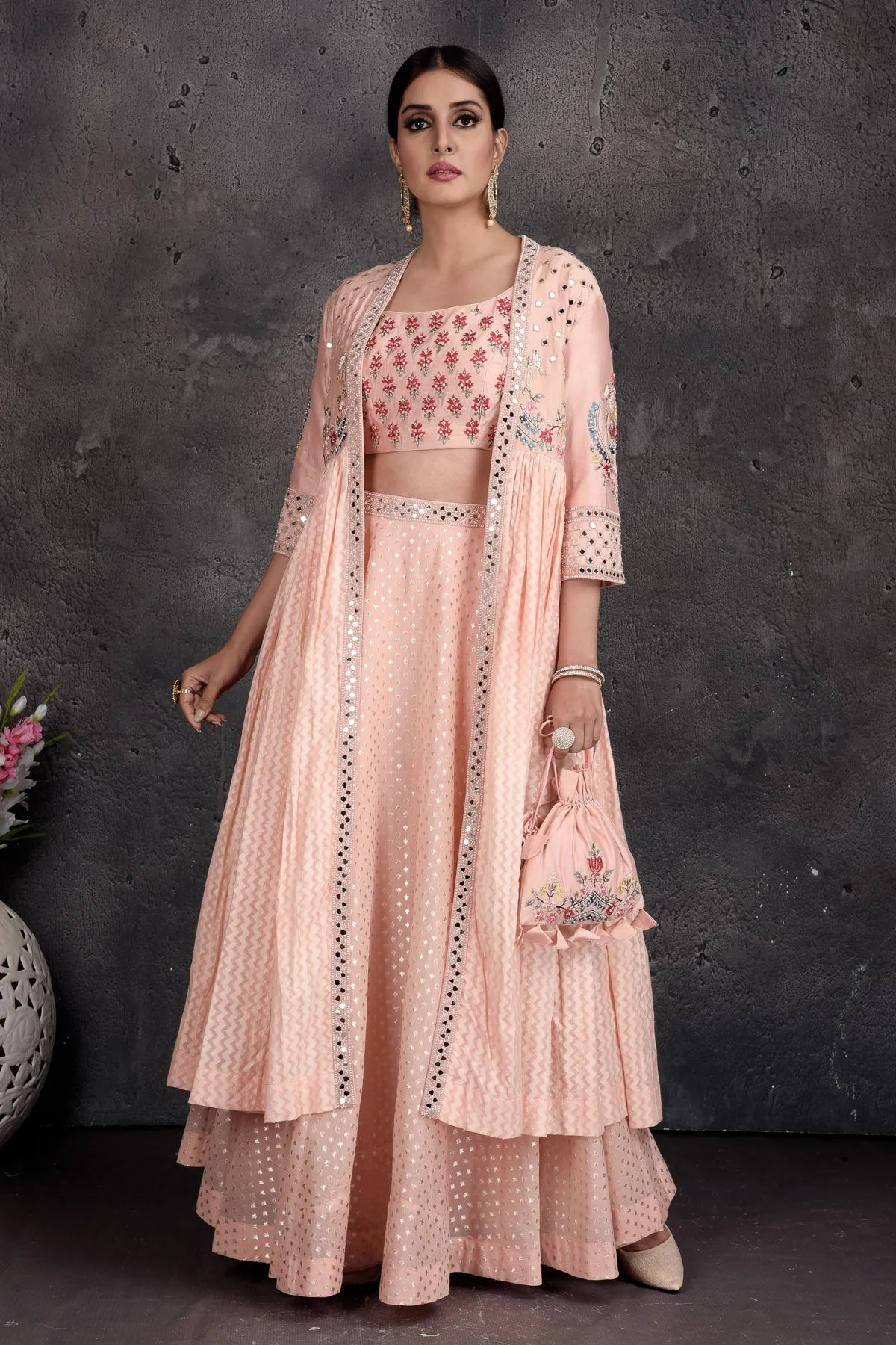 503014 Powder Pink Embroidered Skirt Set with Shrug