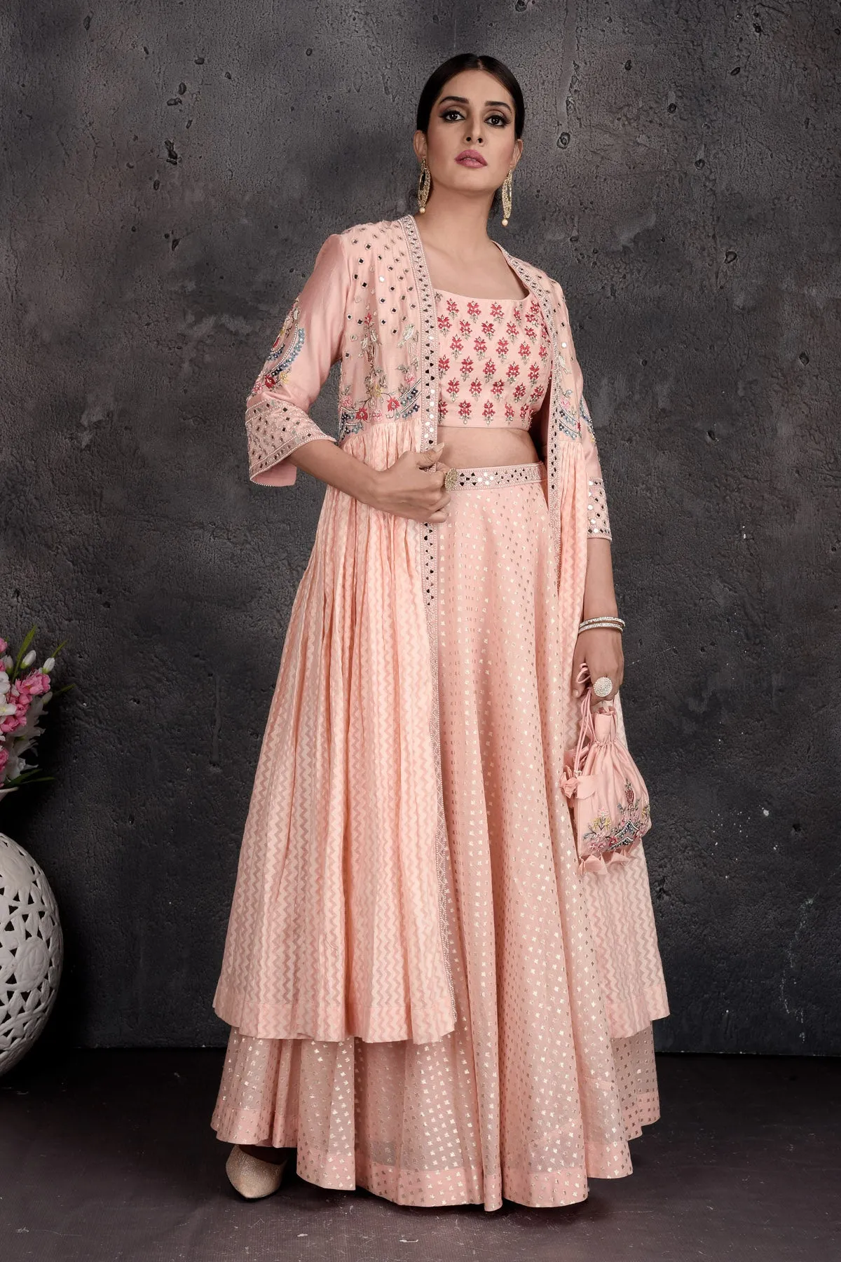 503014 Powder Pink Embroidered Skirt Set with Shrug