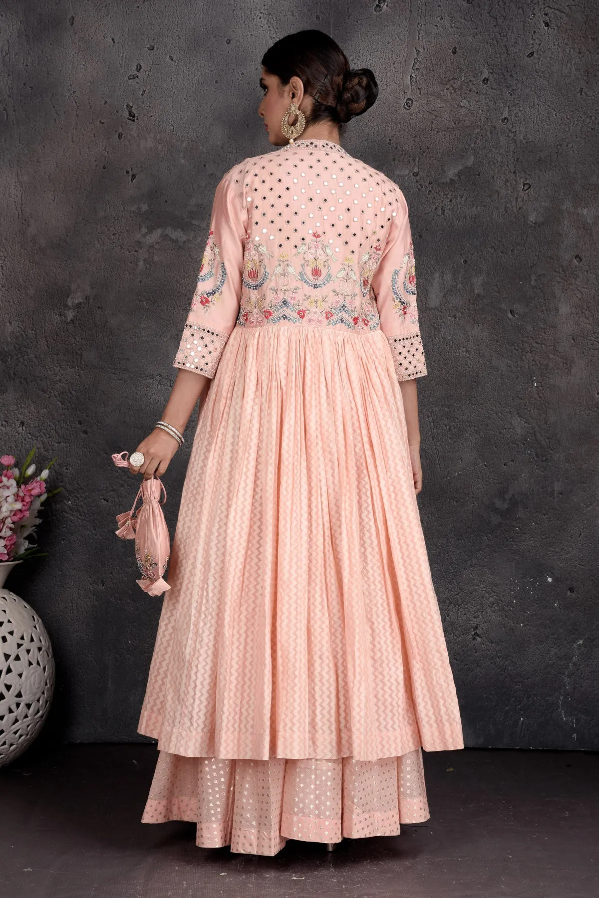 503014 Powder Pink Embroidered Skirt Set with Shrug