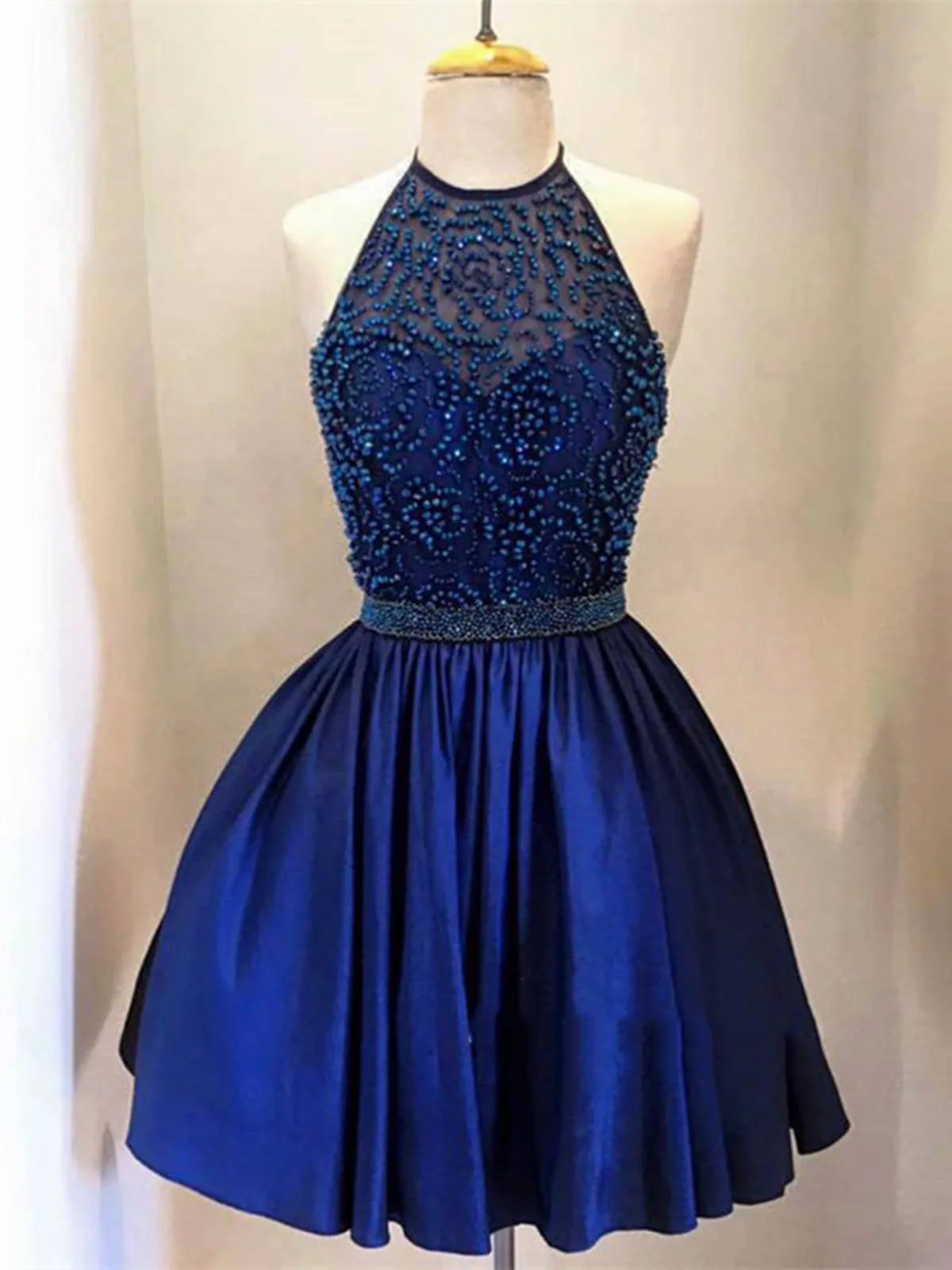 A Line Round Neck Short Navy Blue Lace Prom Dress, Short Navy Blue Graduation Dresses, Homecoming Dresses