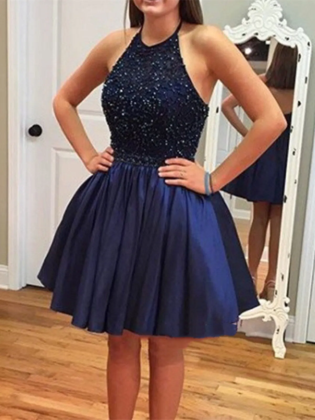 A Line Round Neck Short Navy Blue Lace Prom Dress, Short Navy Blue Graduation Dresses, Homecoming Dresses