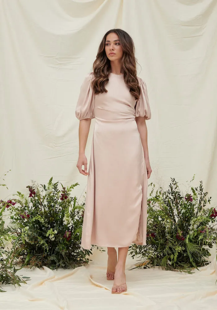 Aubrey Puff Sleeve Side Split Midi Dress in Blush Pink