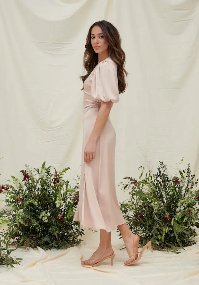 Aubrey Puff Sleeve Side Split Midi Dress in Blush Pink