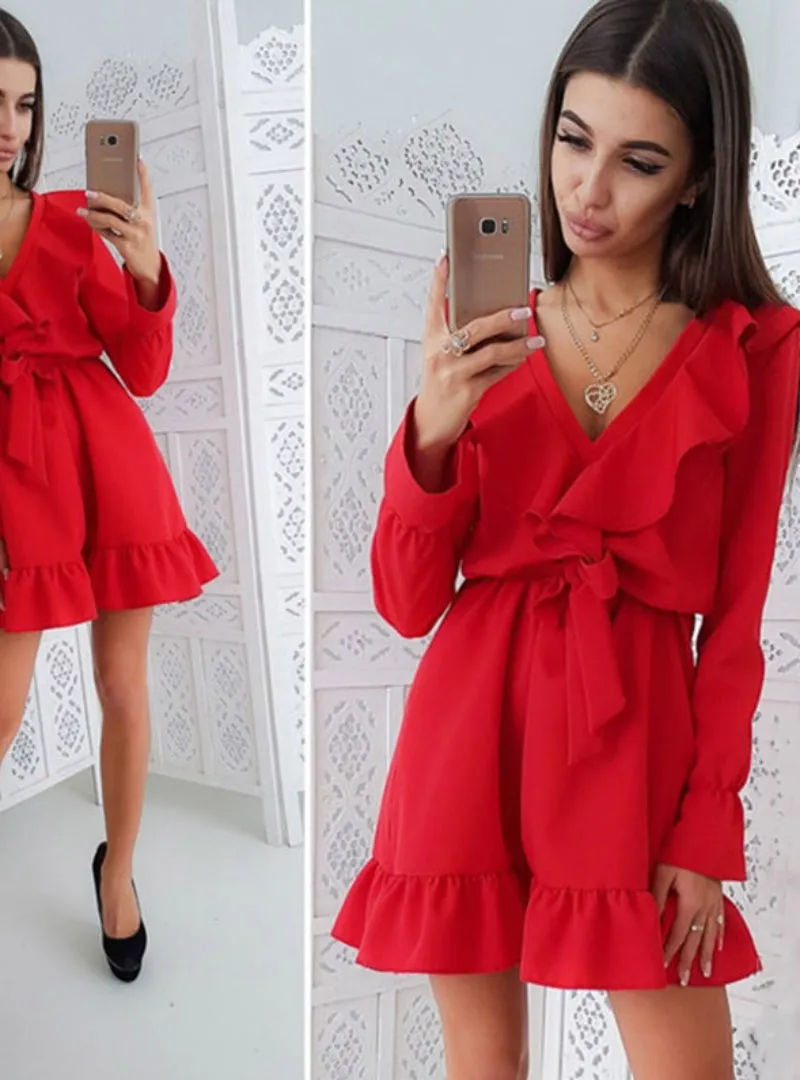 Autumn Solid Color Ruffles Sashes Women Dress