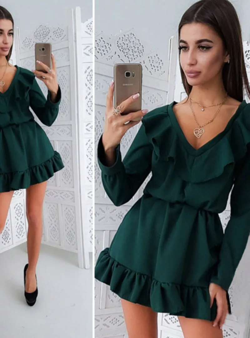 Autumn Solid Color Ruffles Sashes Women Dress