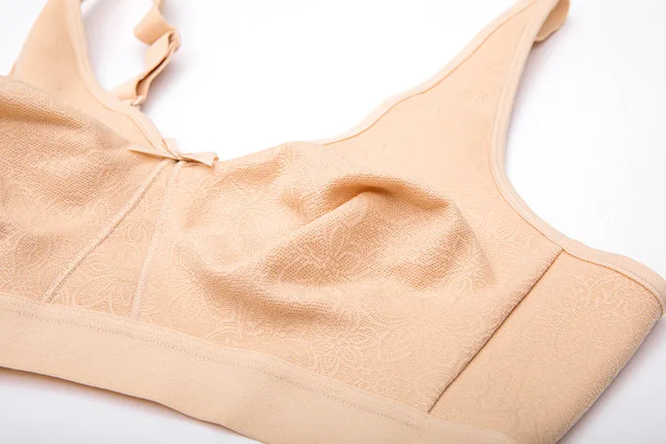 Beige Cotton Wireless Plus Size No-padding Front Closure Bra for Women