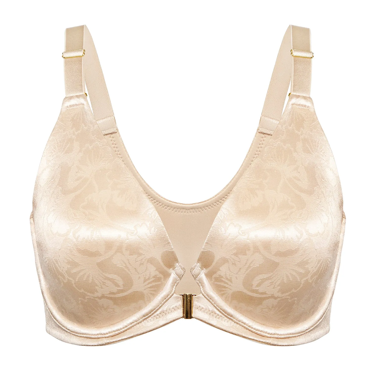 Beige Floral Jacquard Front Closure Full Coverage Bra for Women