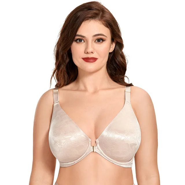 Beige Floral Jacquard Front Closure Full Coverage Bra for Women