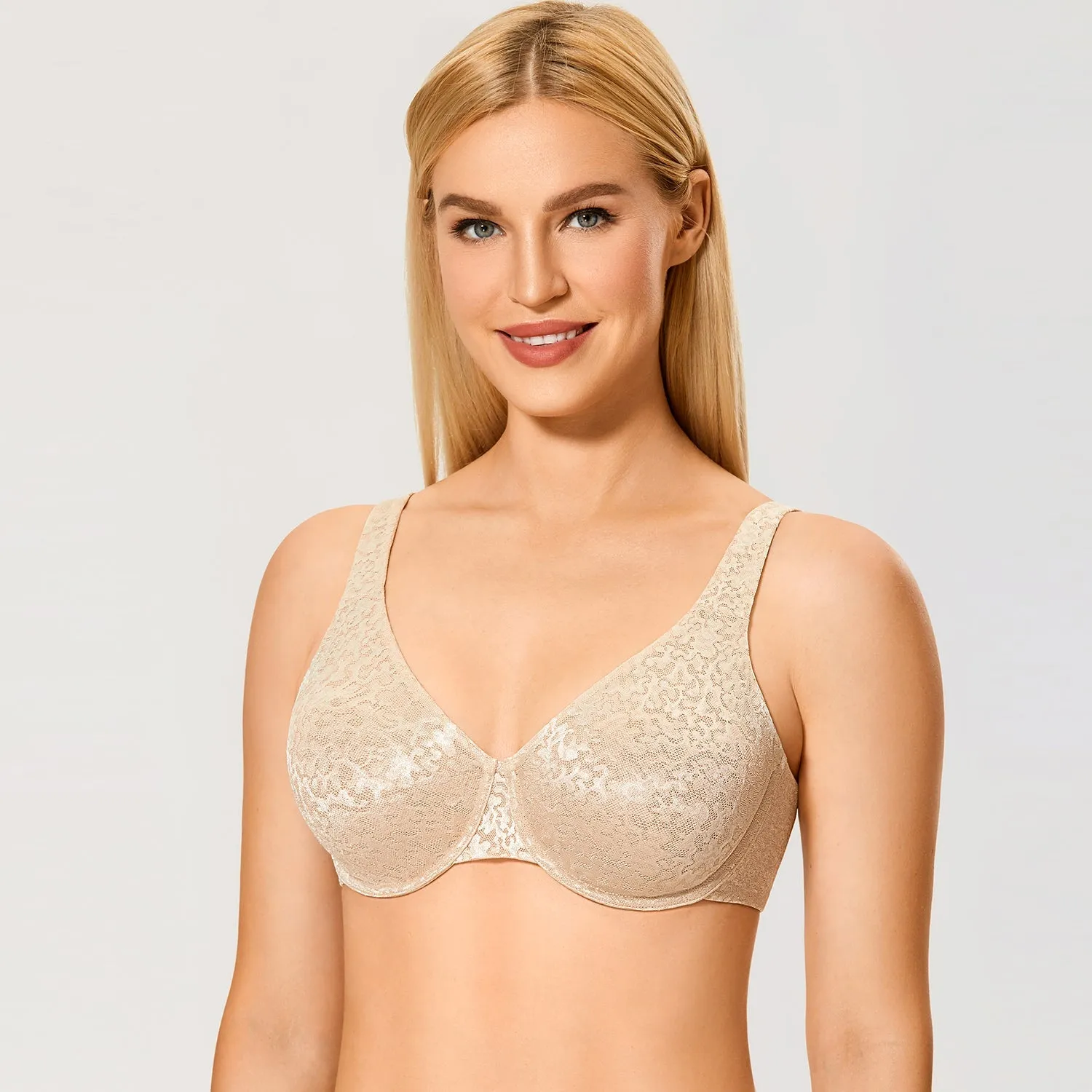 Beige Floral Jacquard Full Coverage Seamless Unlined Bra for Women