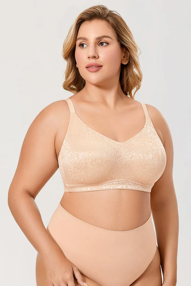 Beige Floral Jacquard Full-Coverage Wire-Free Unlined Bra for Women