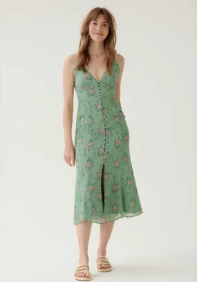 Button Down Detail Midi Dress in Green Pink Floral- Outlet