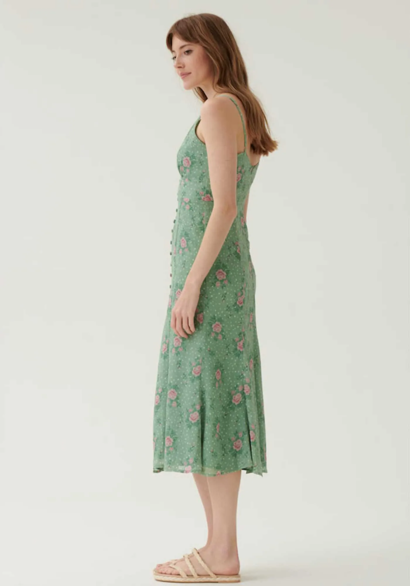 Button Down Detail Midi Dress in Green Pink Floral- Outlet