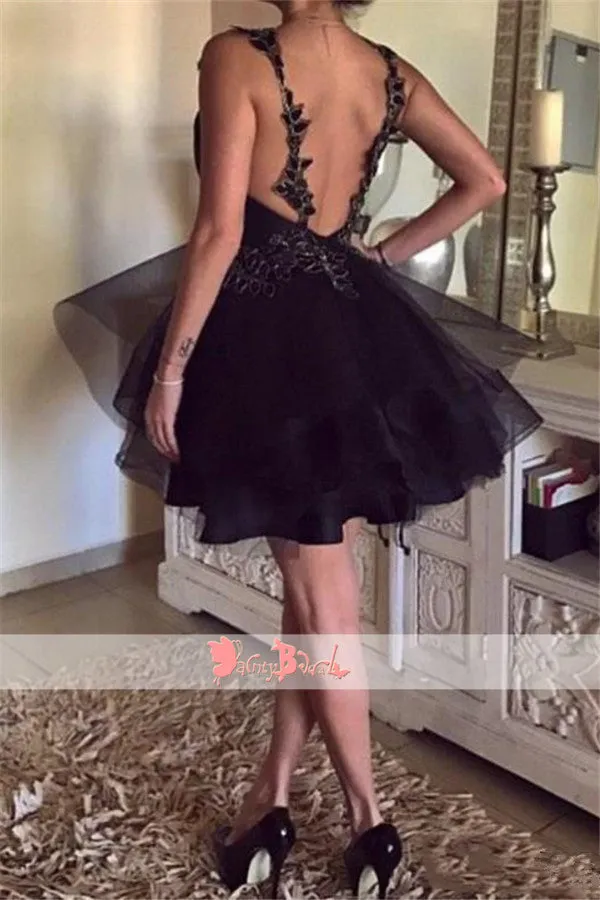 Charming Black Appliques Tulle V-neck Backless Party Homecoming Dresses,BD0161