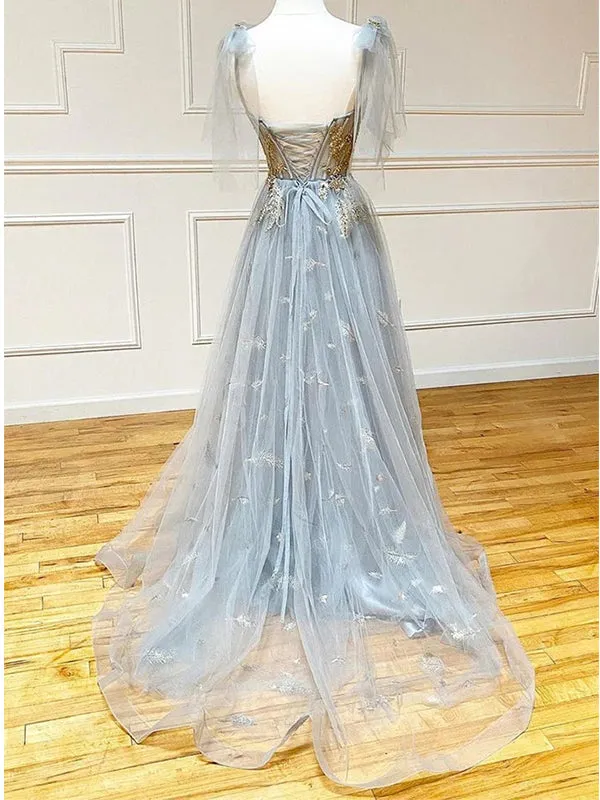 Charming Straps A-line Tulle Applique Long Prom Dresses Formal Dress, OL807