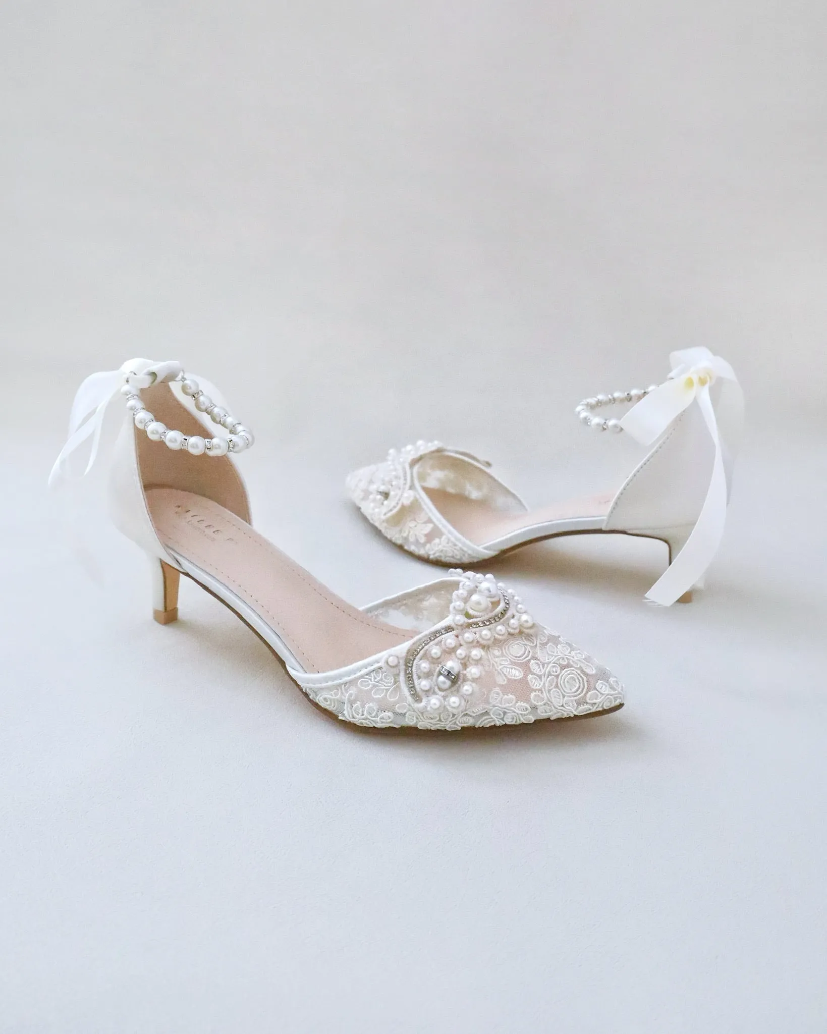 Crochet Lace Pointy Toe Wedding Low Heels with Small Pearls Applique