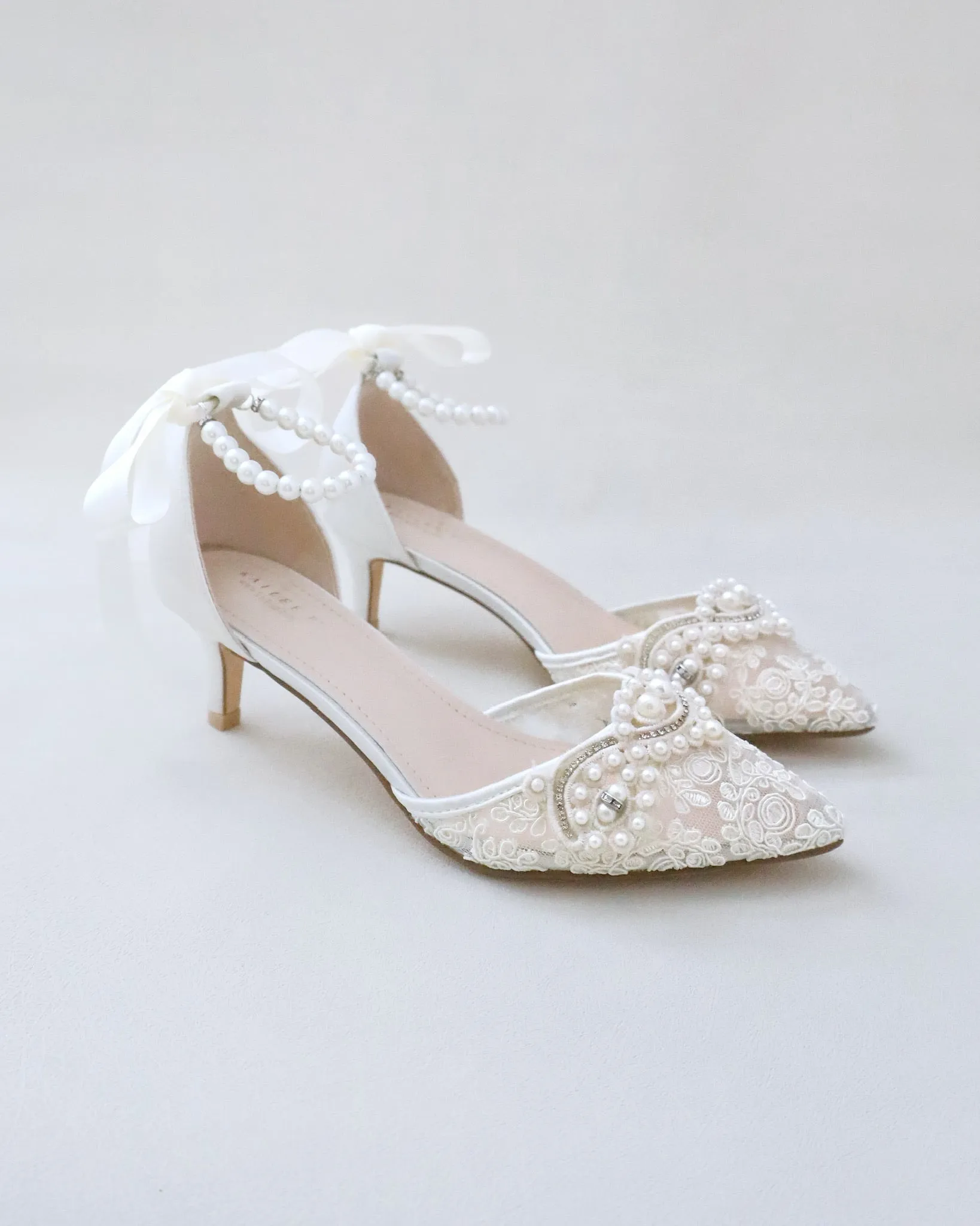 Crochet Lace Pointy Toe Wedding Low Heels with Small Pearls Applique