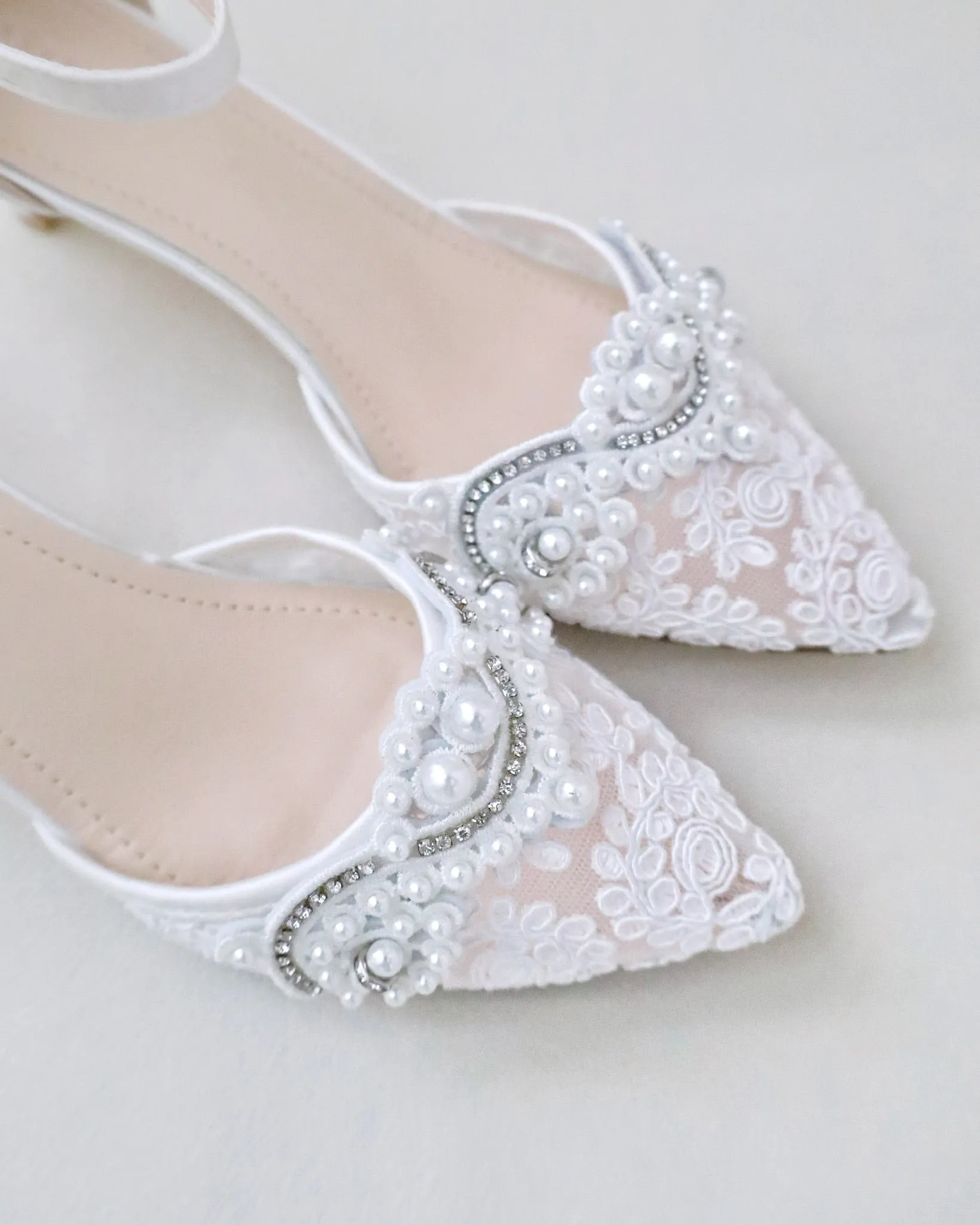 Crochet Lace Pointy Toe Wedding Low Heels with Small Pearls Applique