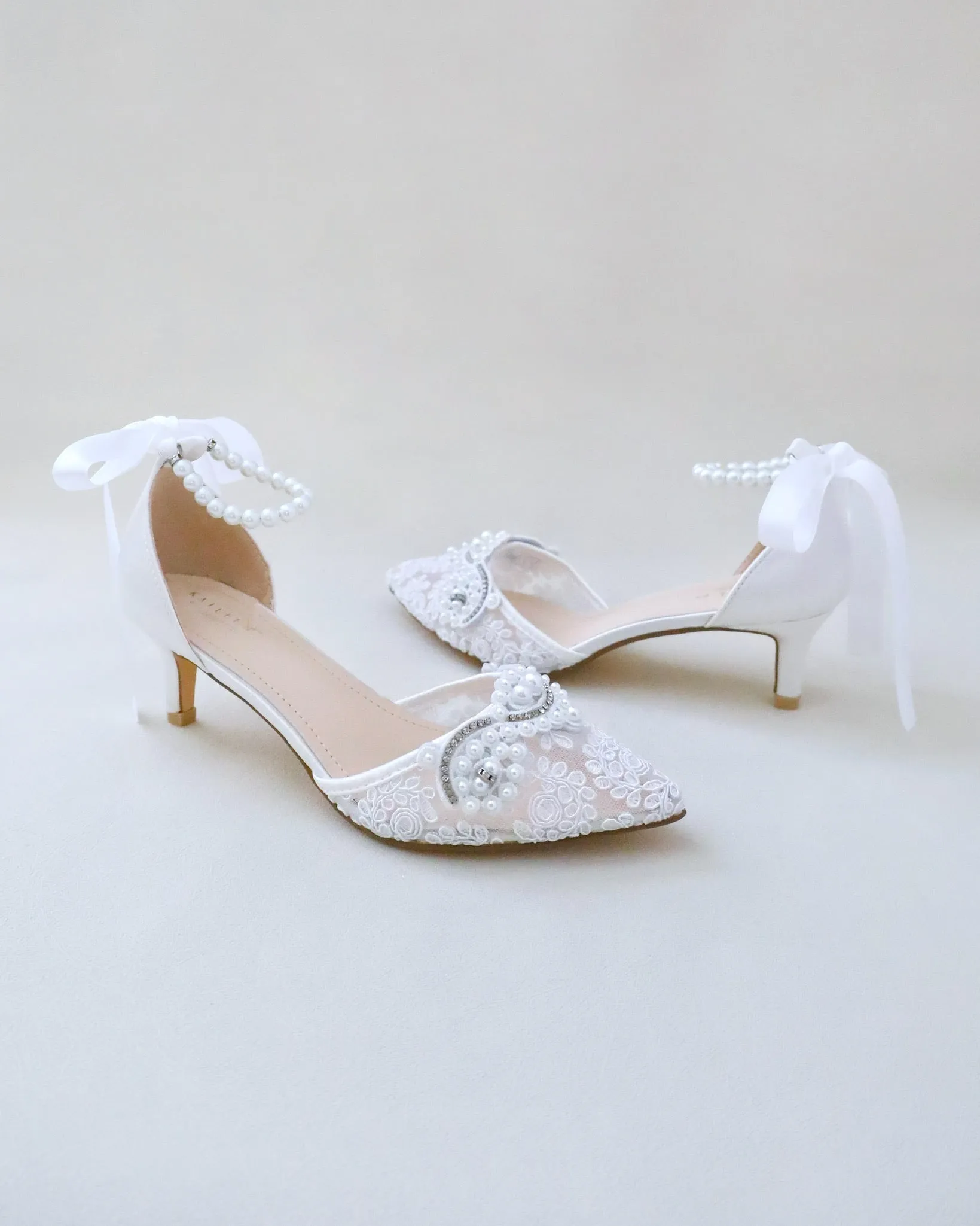 Crochet Lace Pointy Toe Wedding Low Heels with Small Pearls Applique