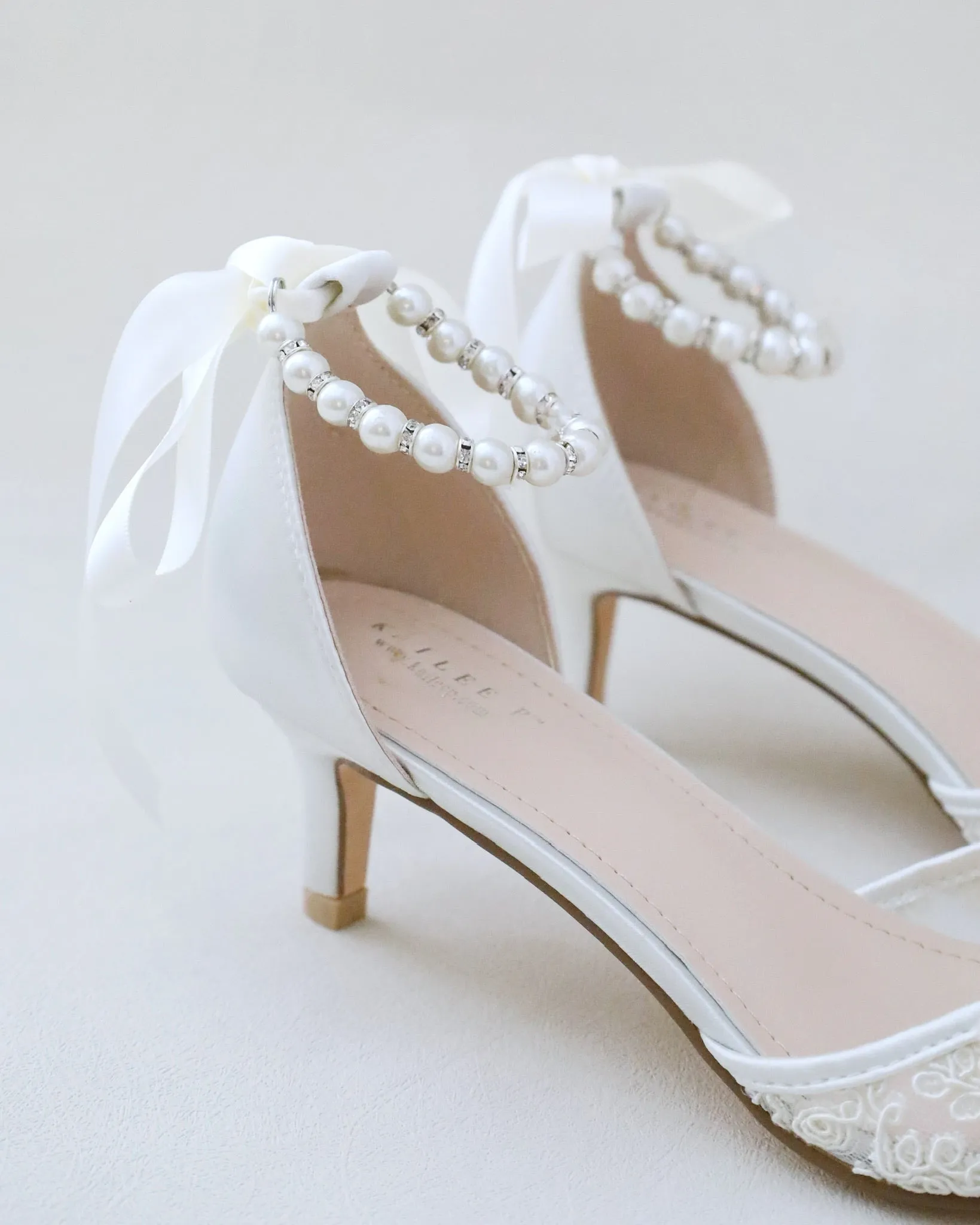 Crochet Lace Pointy Toe Wedding Low Heels with Small Pearls Applique