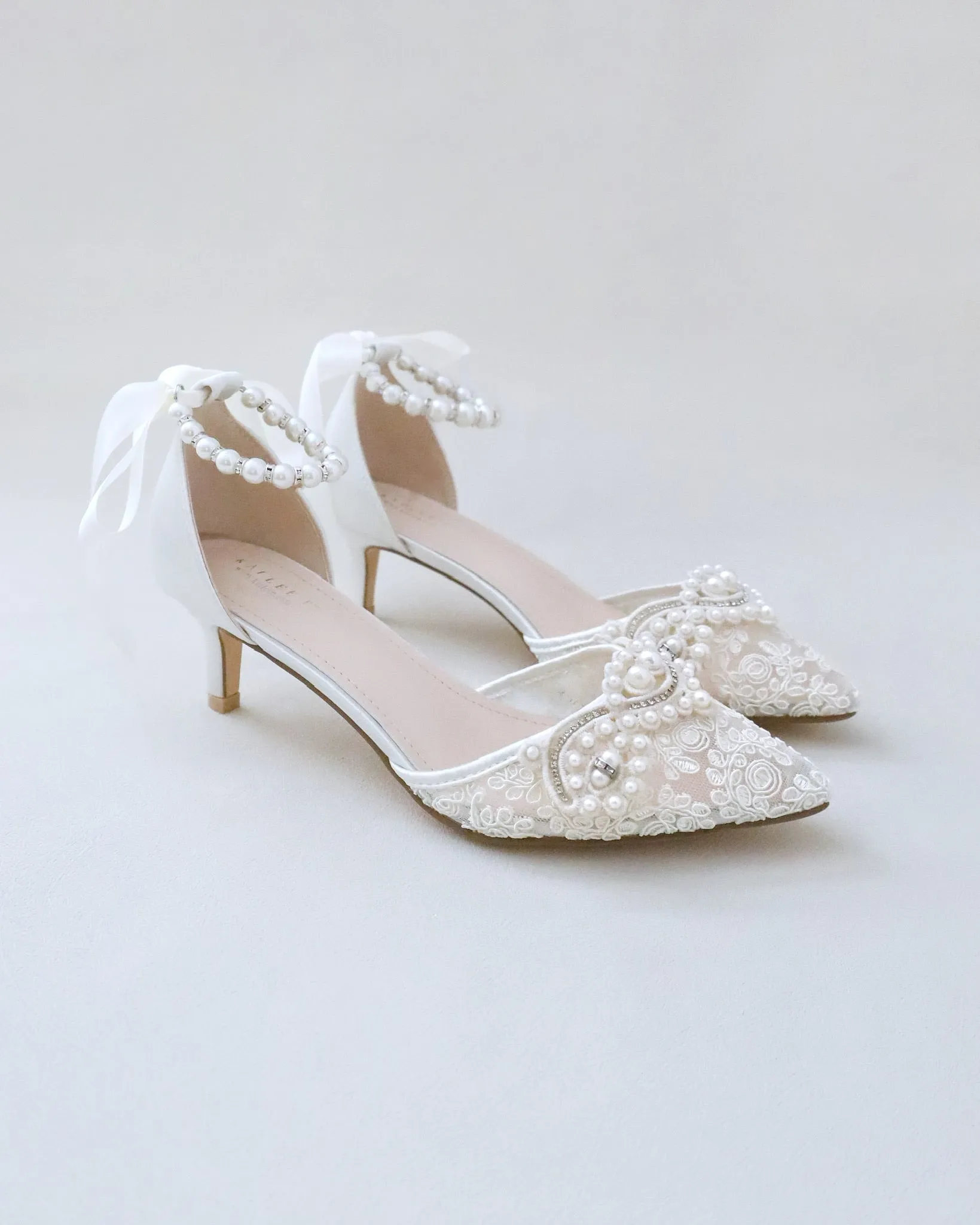 Crochet Lace Pointy Toe Wedding Low Heels with Small Pearls Applique