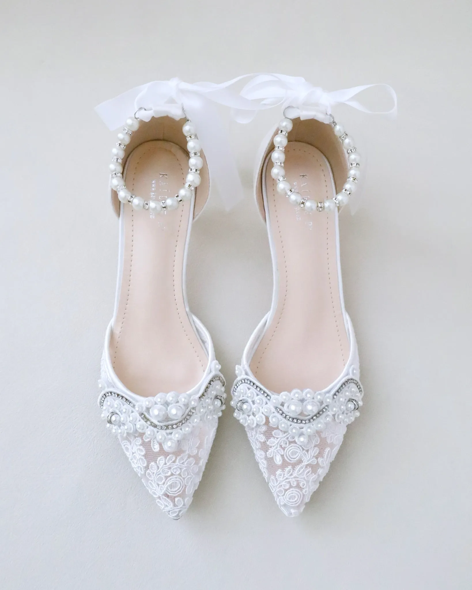 Crochet Lace Pointy Toe Wedding Low Heels with Small Pearls Applique