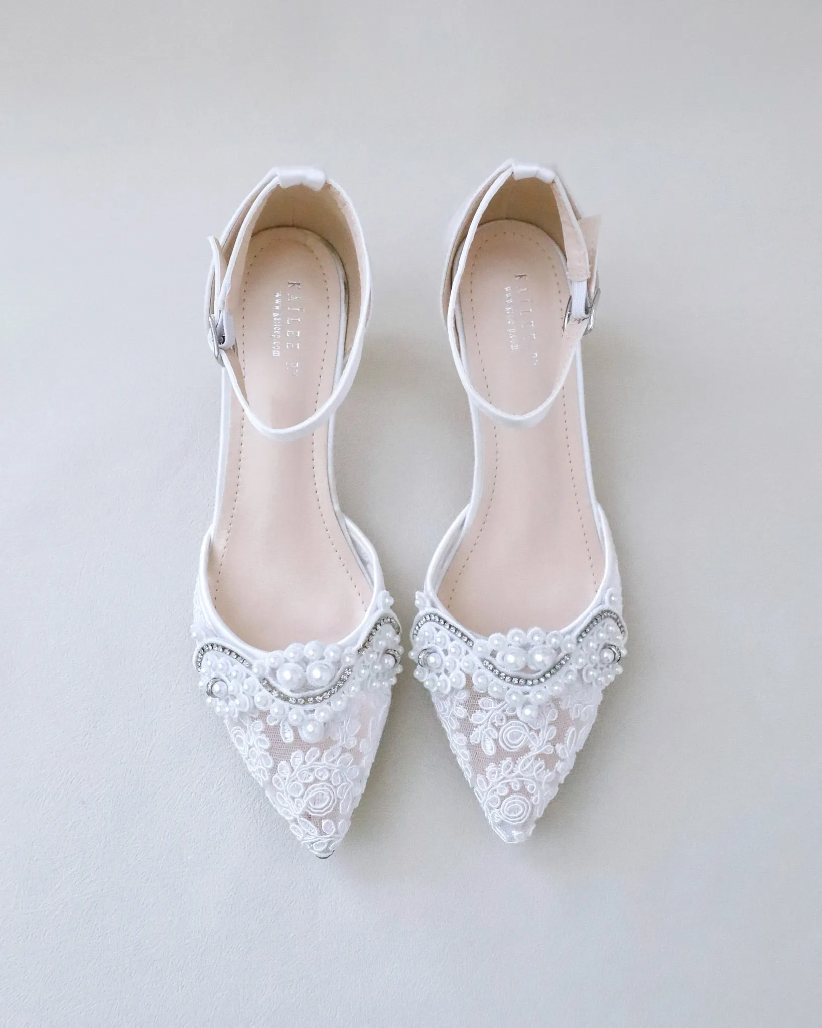 Crochet Lace Pointy Toe Wedding Low Heels with Small Pearls Applique