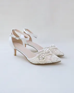 Crochet Lace Pointy Toe Wedding Low Heels with Small Pearls Applique