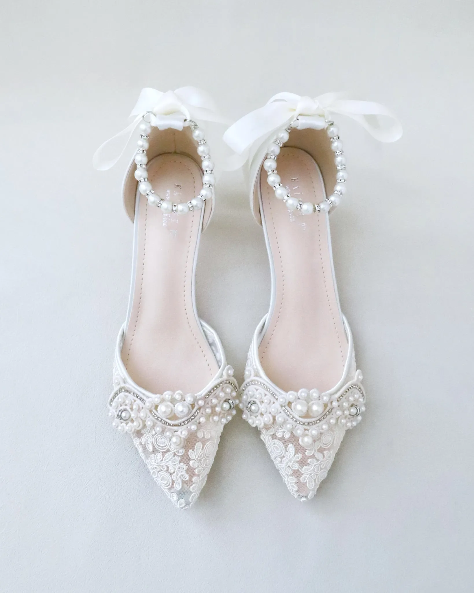 Crochet Lace Pointy Toe Wedding Low Heels with Small Pearls Applique