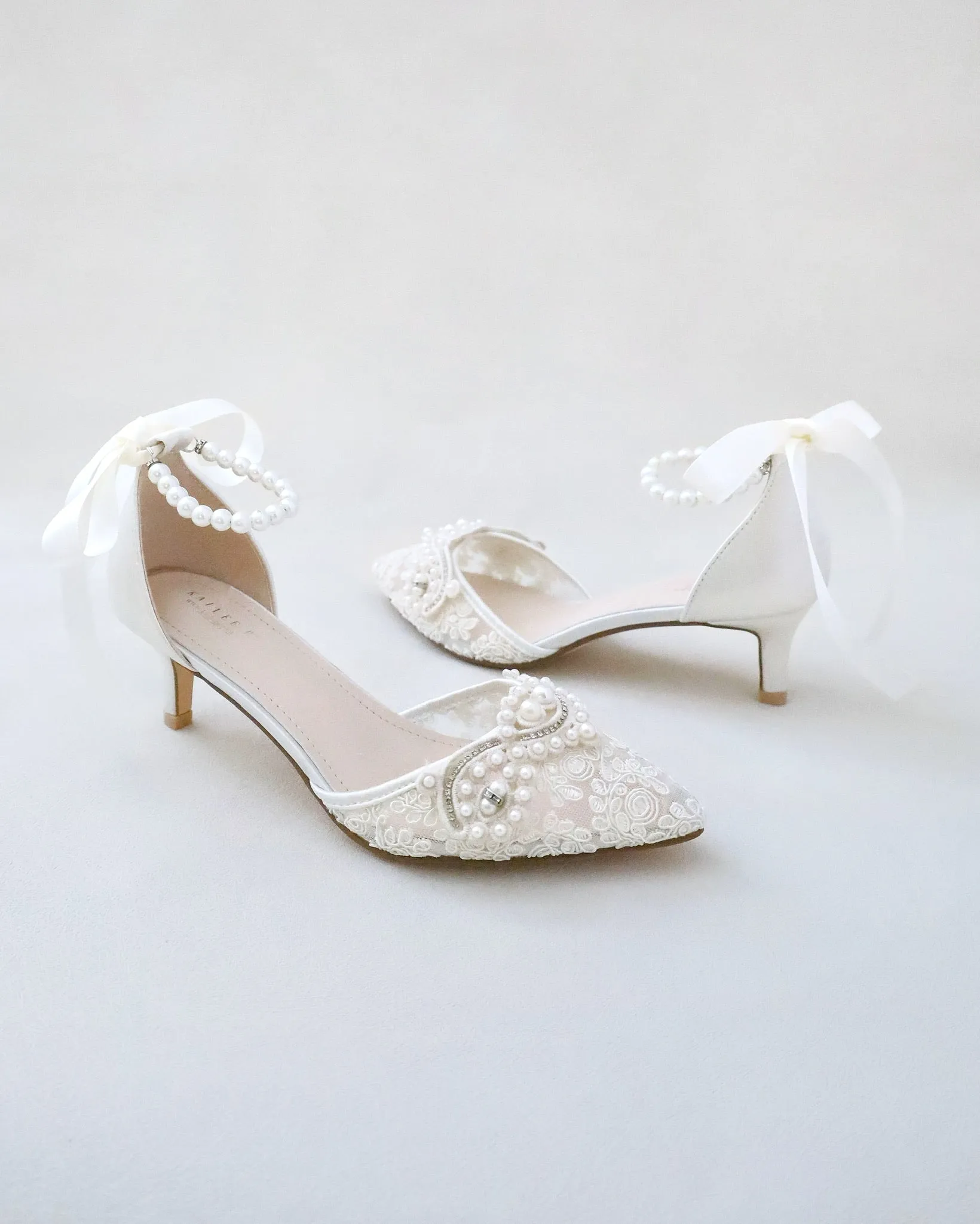 Crochet Lace Pointy Toe Wedding Low Heels with Small Pearls Applique