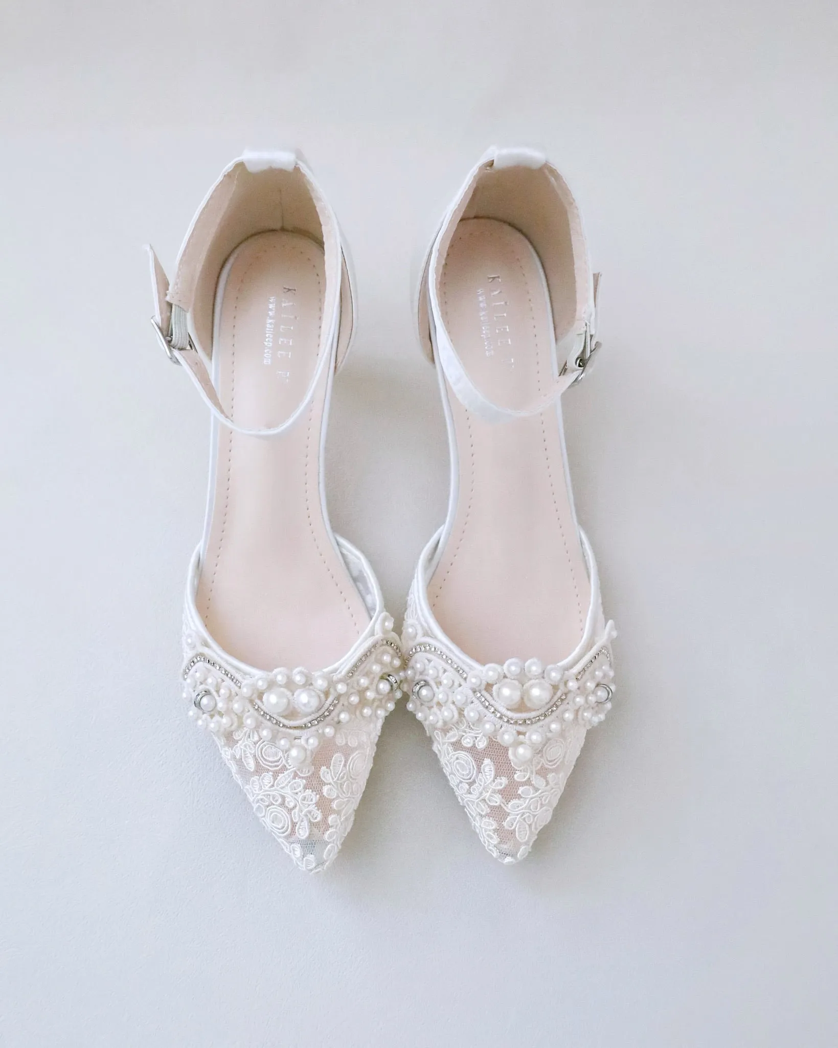 Crochet Lace Pointy Toe Wedding Low Heels with Small Pearls Applique