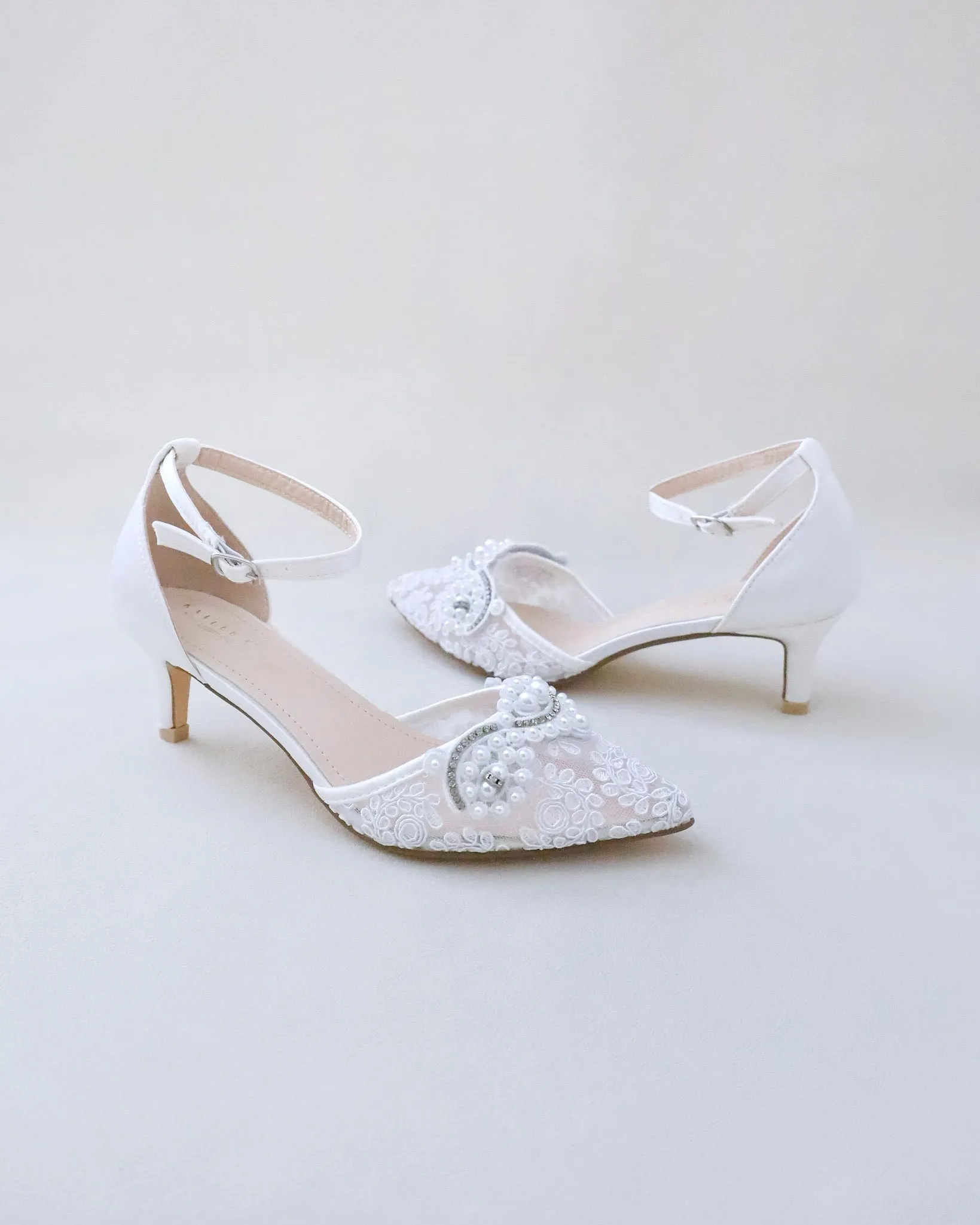 Crochet Lace Pointy Toe Wedding Low Heels with Small Pearls Applique