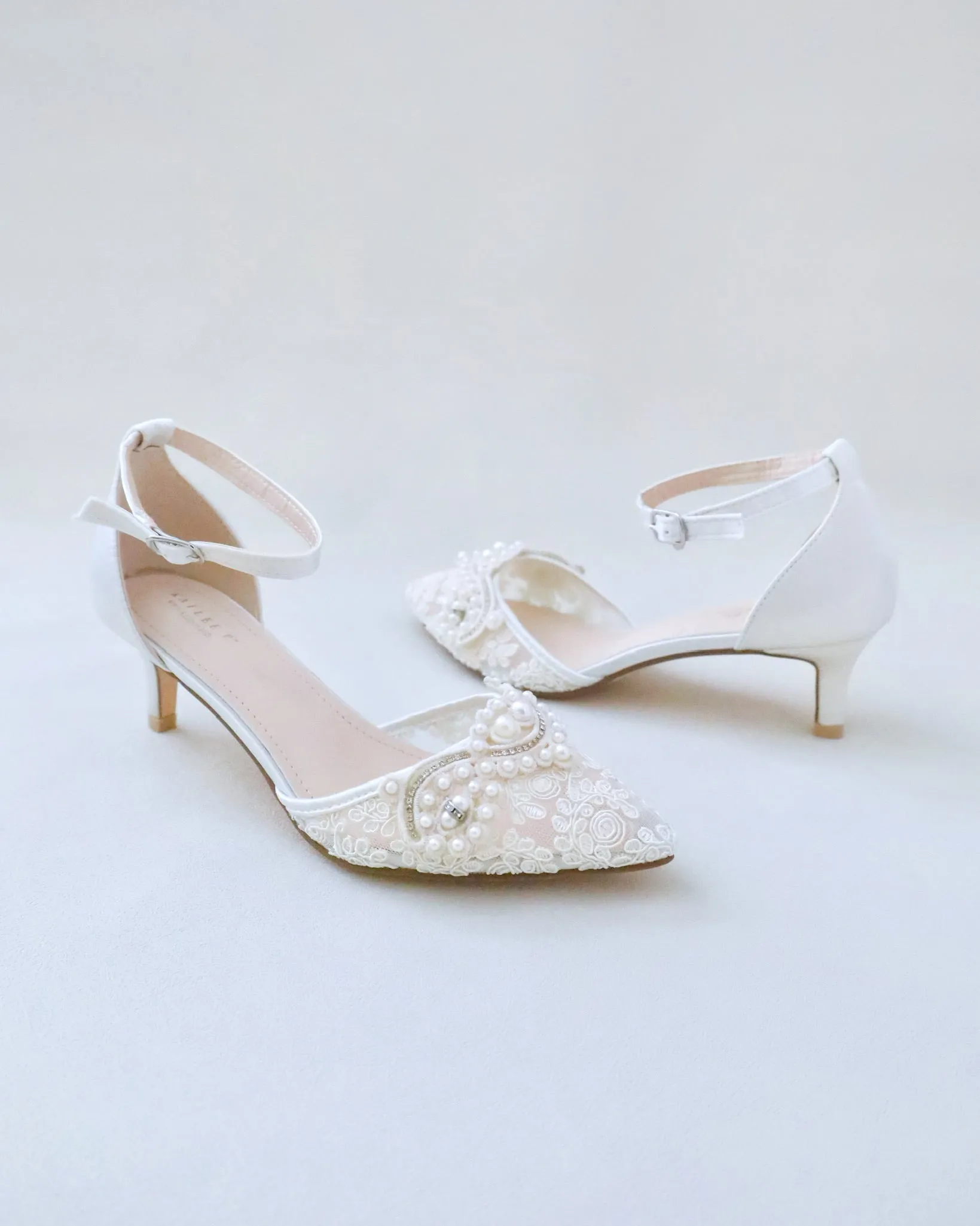 Crochet Lace Pointy Toe Wedding Low Heels with Small Pearls Applique