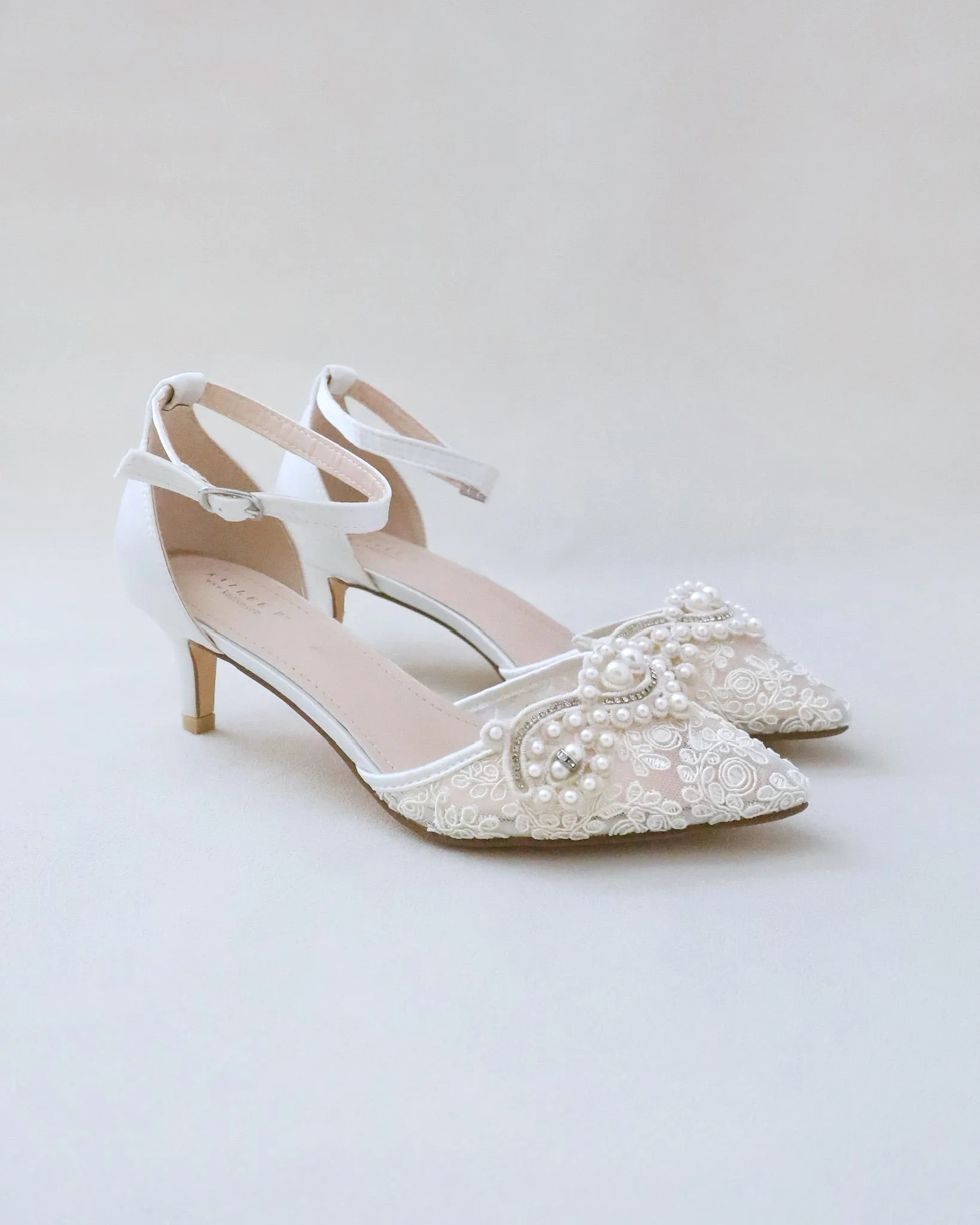 Crochet Lace Pointy Toe Wedding Low Heels with Small Pearls Applique