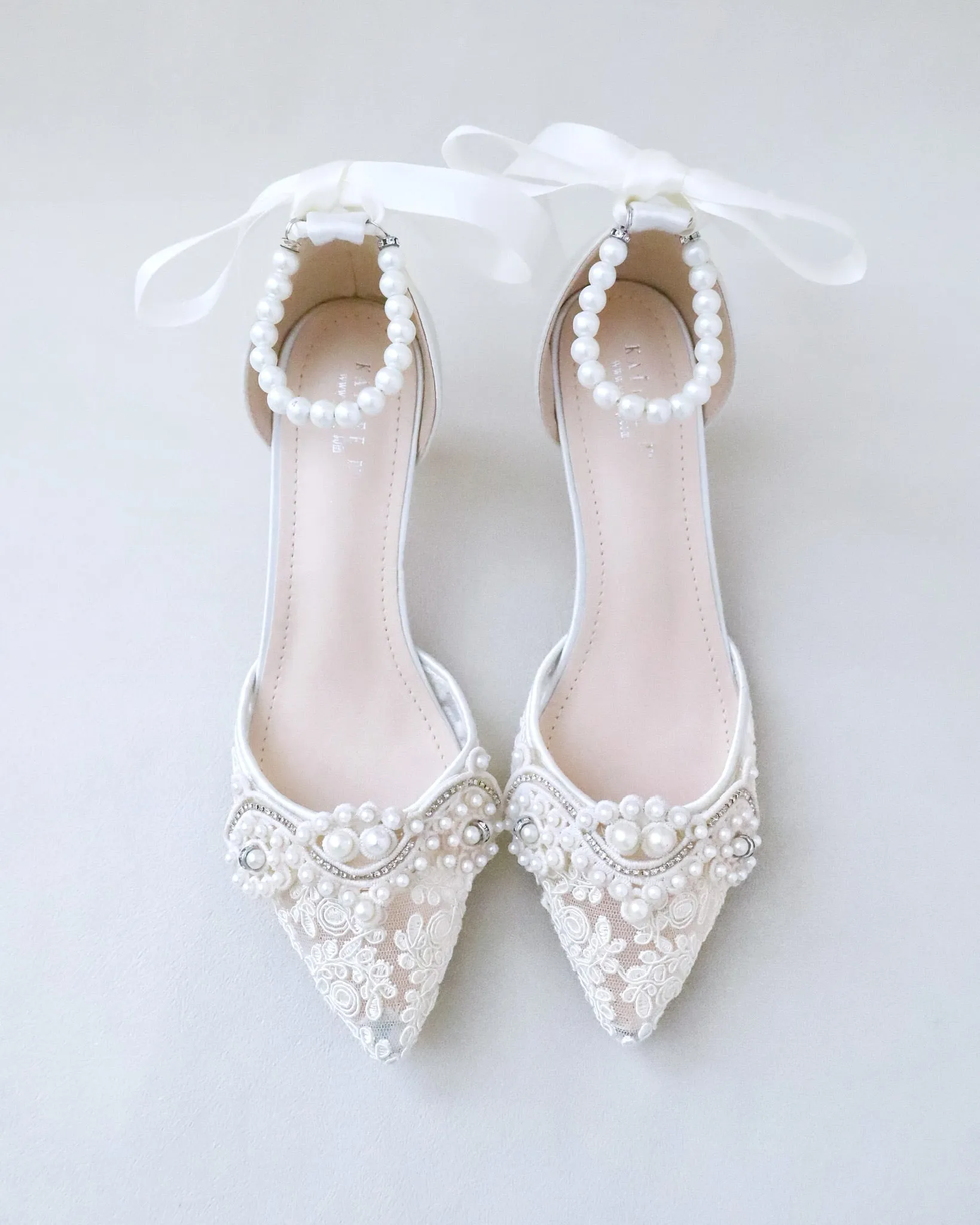 Crochet Lace Pointy Toe Wedding Low Heels with Small Pearls Applique