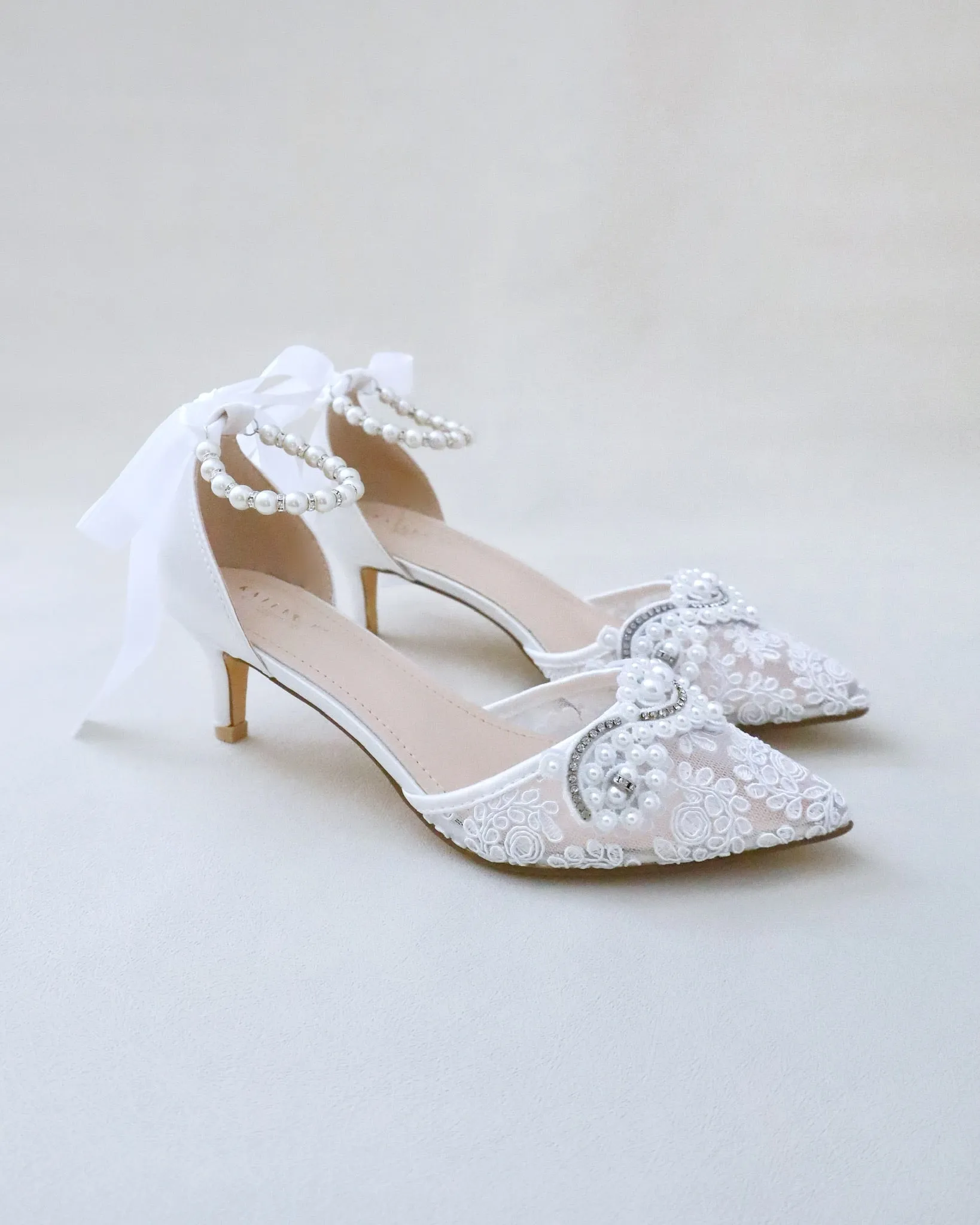 Crochet Lace Pointy Toe Wedding Low Heels with Small Pearls Applique