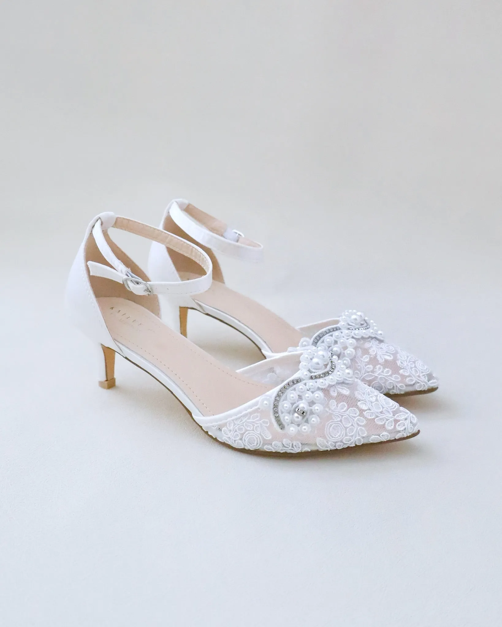 Crochet Lace Pointy Toe Wedding Low Heels with Small Pearls Applique