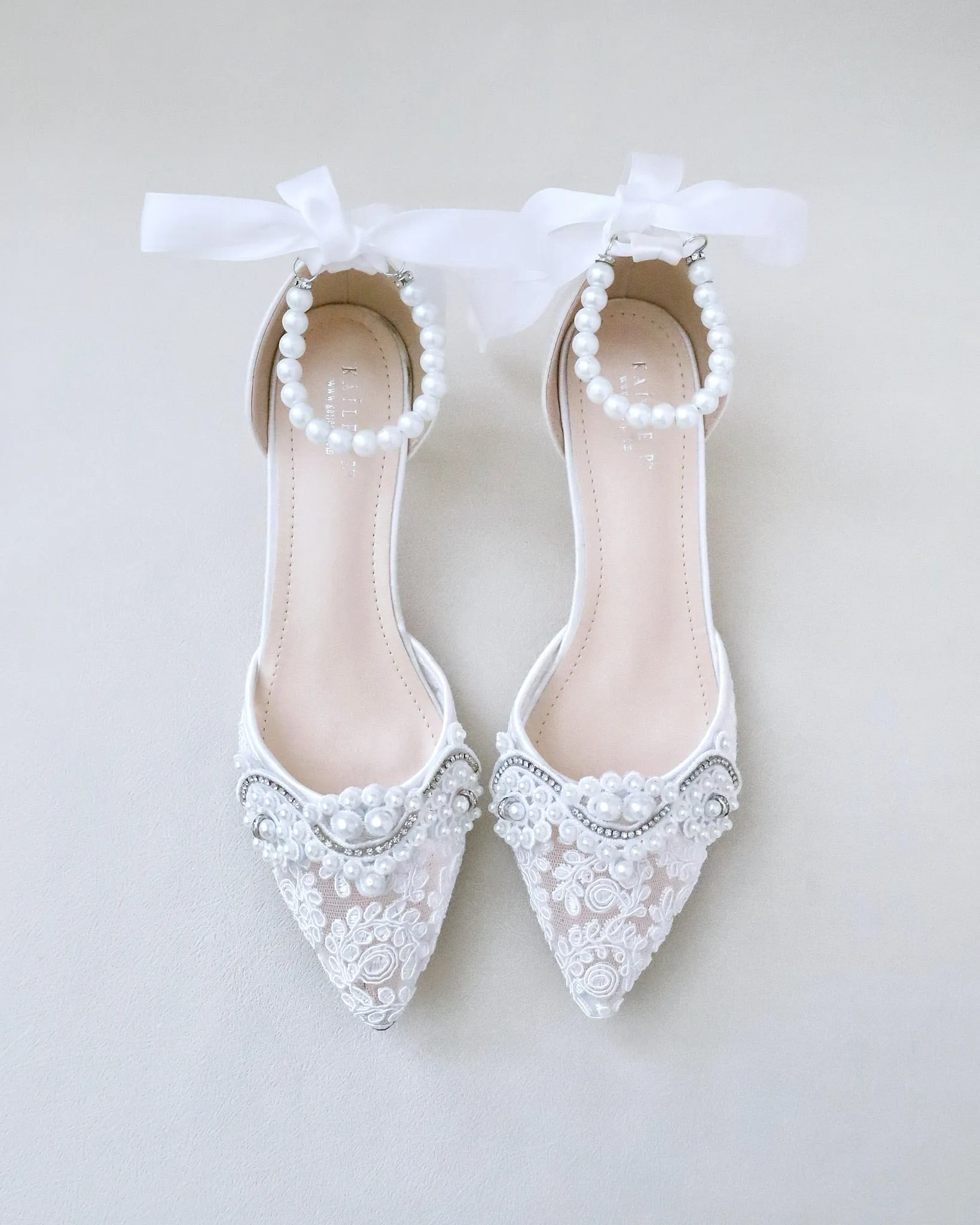 Crochet Lace Pointy Toe Wedding Low Heels with Small Pearls Applique