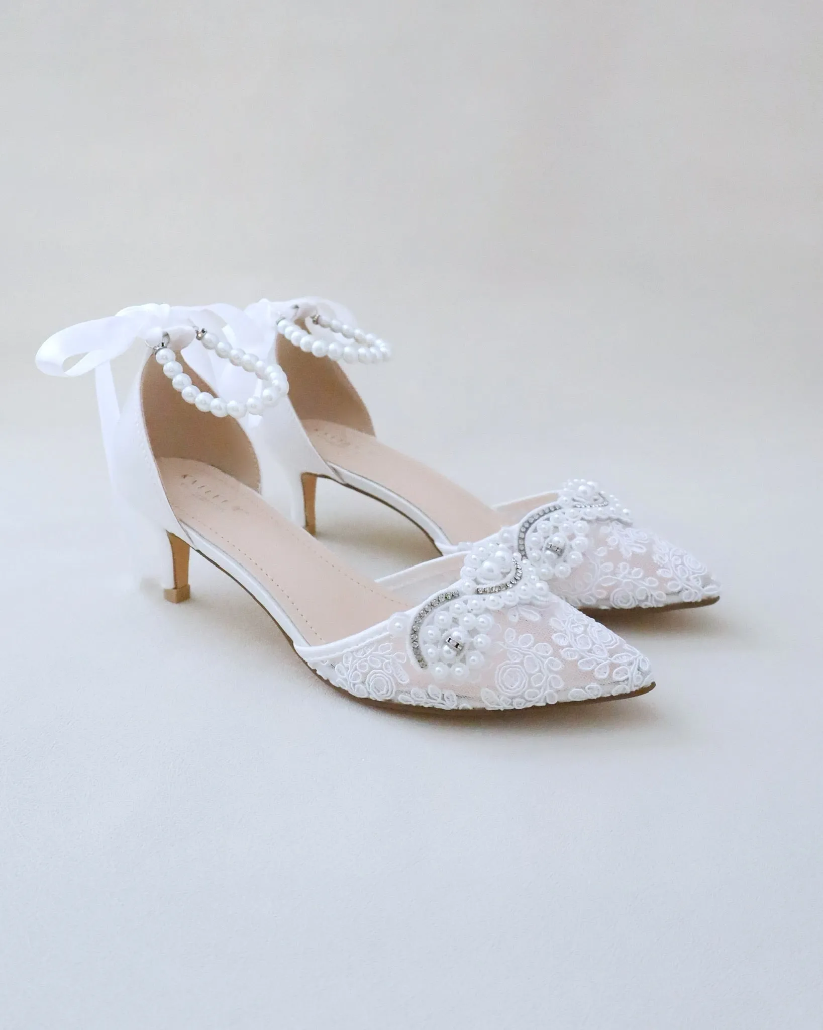 Crochet Lace Pointy Toe Wedding Low Heels with Small Pearls Applique