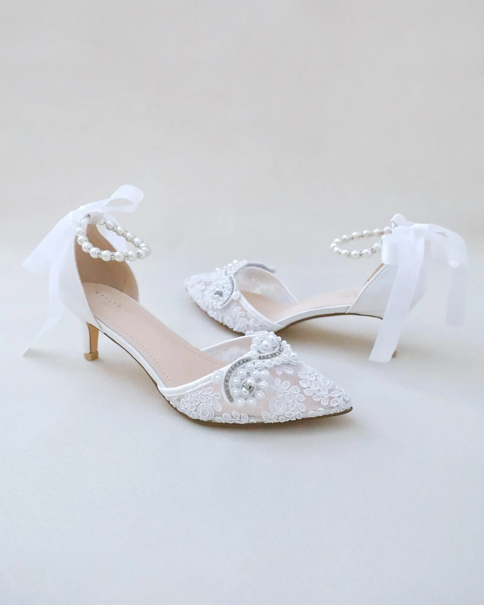 Crochet Lace Pointy Toe Wedding Low Heels with Small Pearls Applique