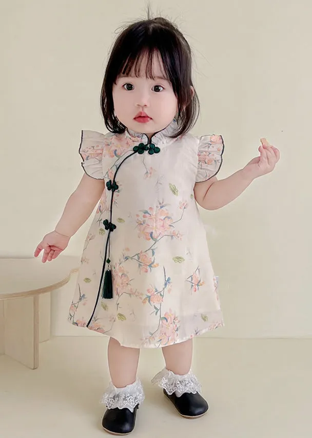 Cute Apricot Print Tassel Girls Mid Dresses Summer MN022