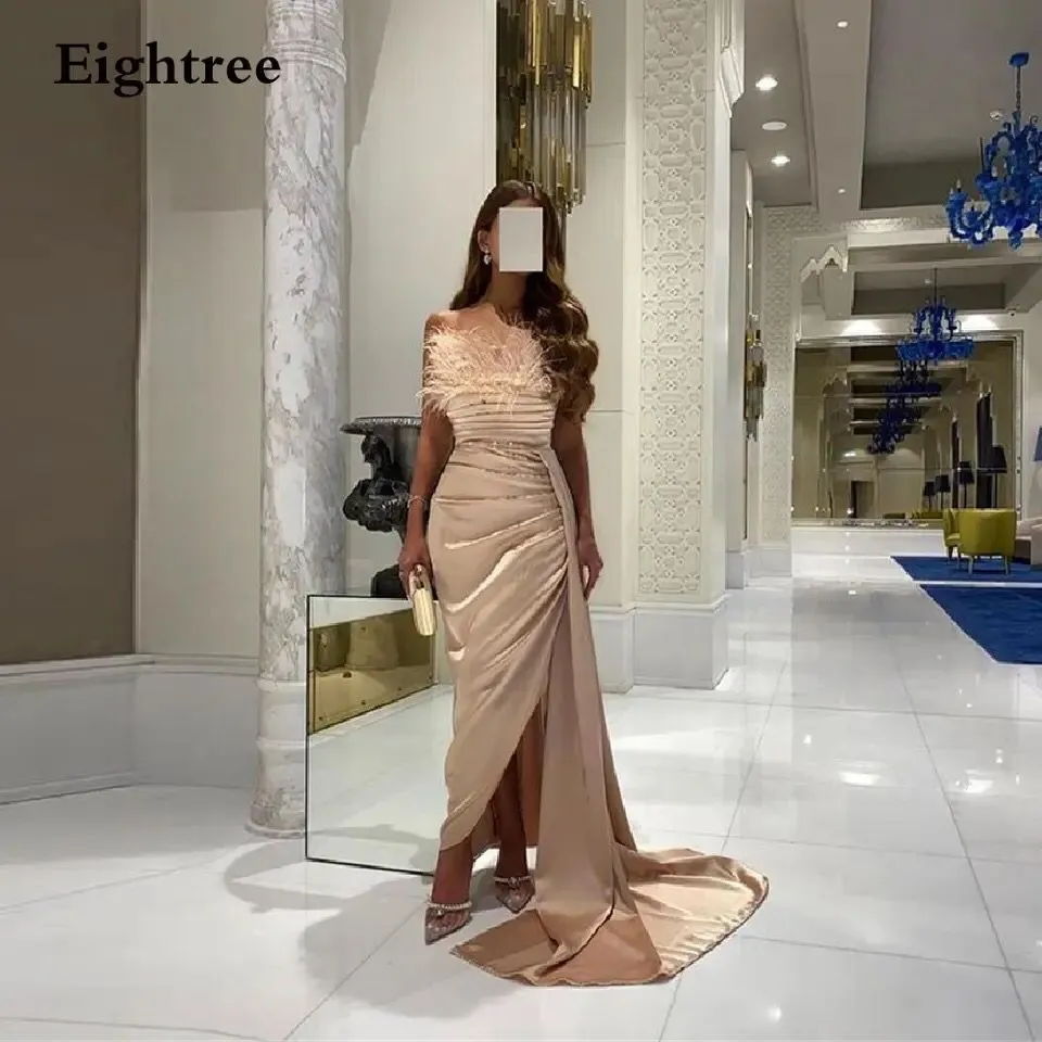 Eightree Champagne Long Feather Prom Dresses Sleeveless Side Slit Evening Dress Strapless Formal Party Gowns Vestidos De Festa S98765