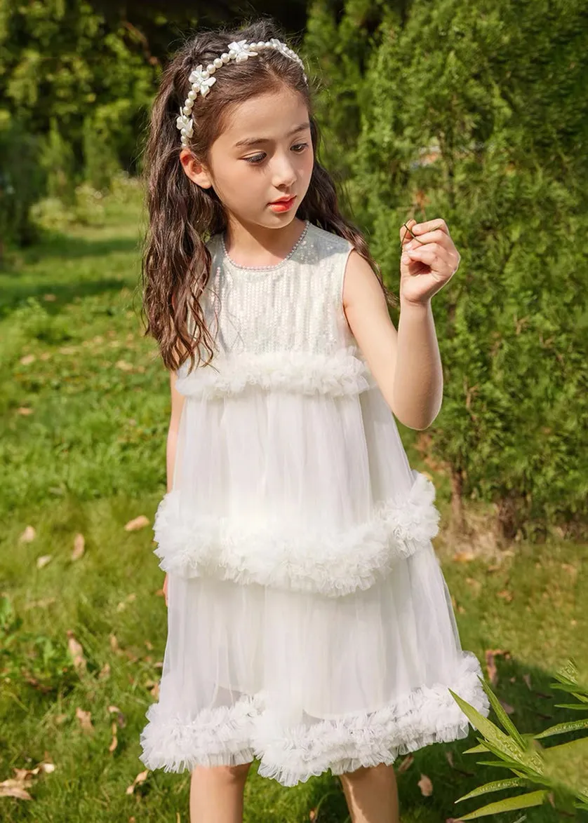 Fashion Beige O-Neck Patchwork Tulle Kids Mid Dresses Summer XZ012