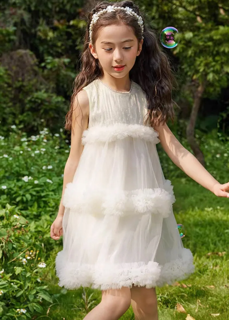 Fashion Beige O-Neck Patchwork Tulle Kids Mid Dresses Summer XZ012