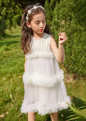 Fashion Beige O-Neck Patchwork Tulle Kids Mid Dresses Summer XZ012