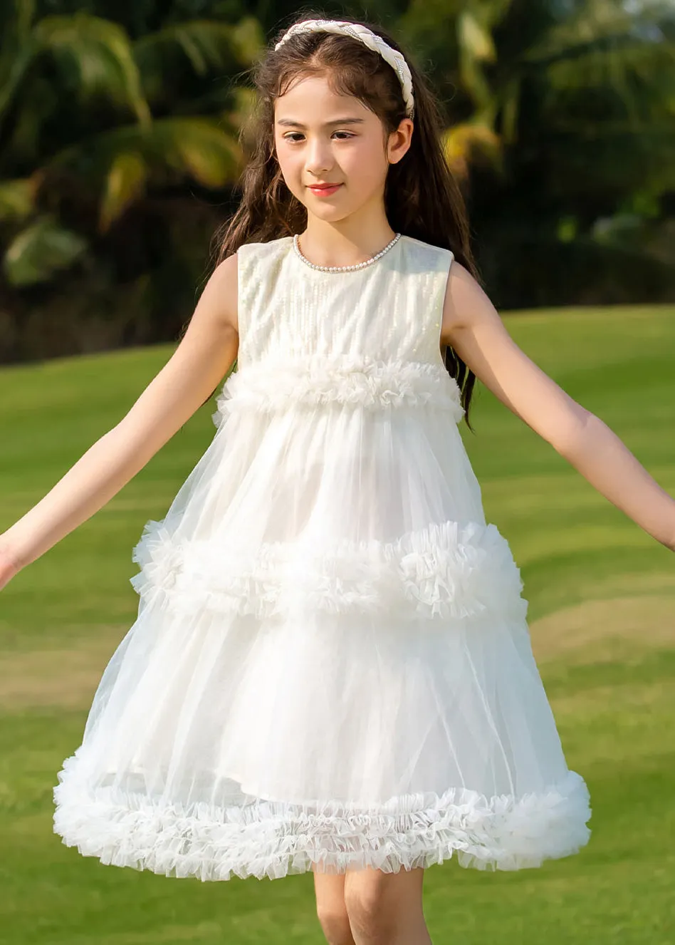 Fashion Beige O-Neck Patchwork Tulle Kids Mid Dresses Summer XZ012