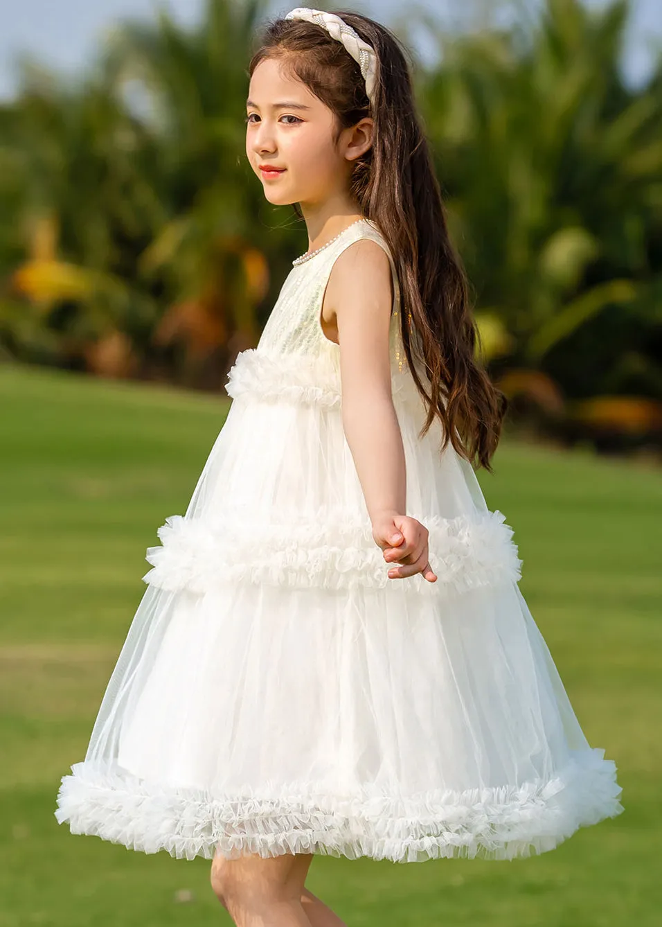 Fashion Beige O-Neck Patchwork Tulle Kids Mid Dresses Summer XZ012