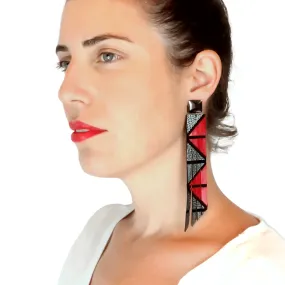 Geo red geometric leather earrings