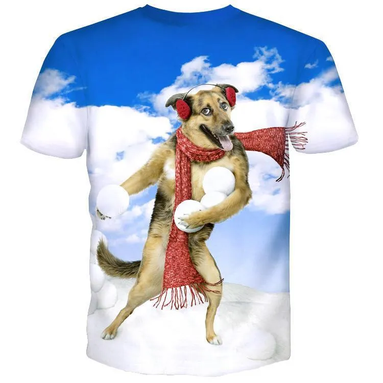 German Shepherd Puppy Throwing Snowballs All Over Graphic Print T-Shirt | DOTOLY